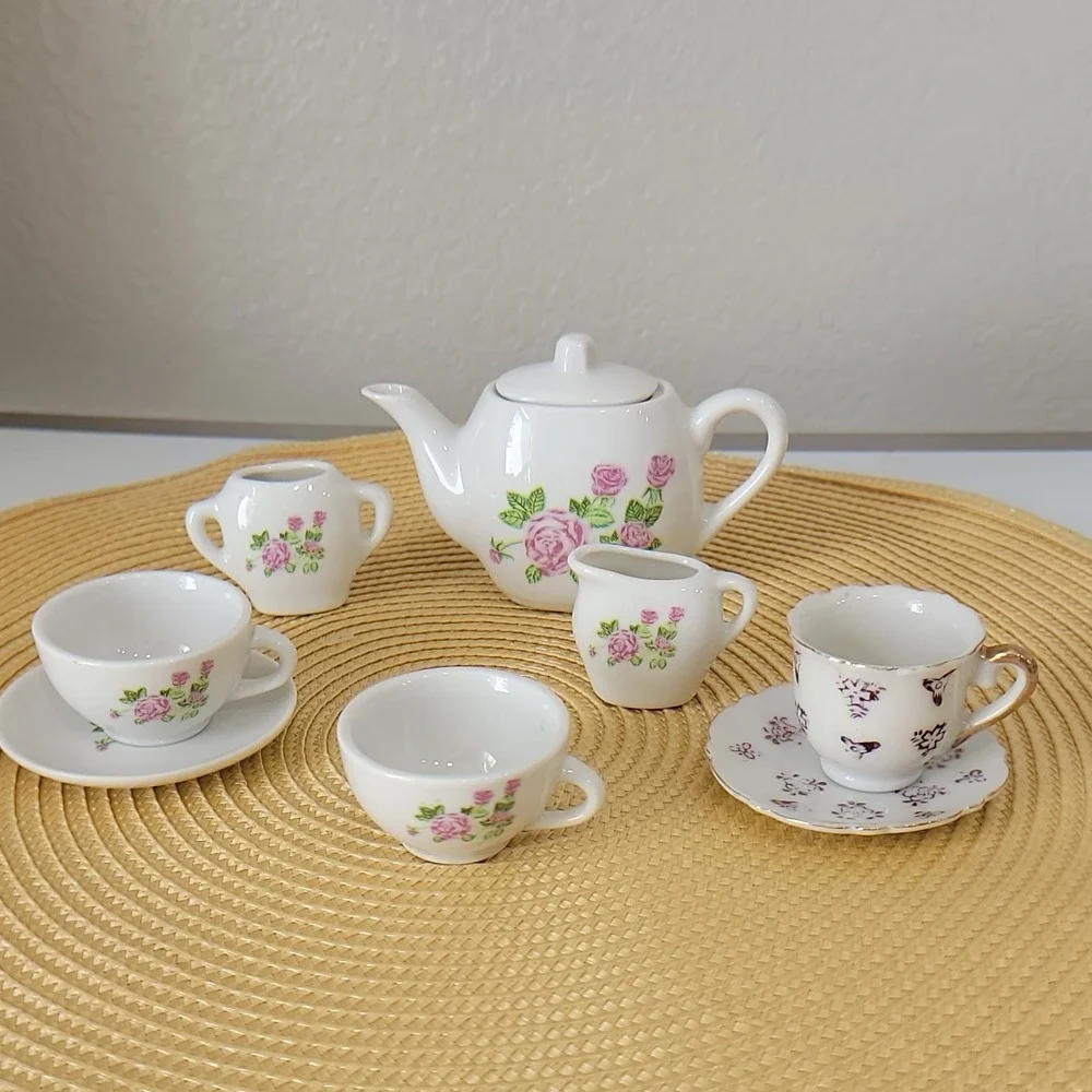 Vintage Miniature Porcelain Tea Set with Pink Rose Pattern